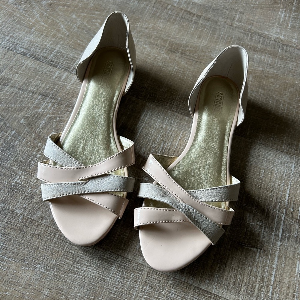 ▶️ Seychelles Leather D’Orsay Flats Women 7.5 Beige Pink Peep Toe Strappy NWT